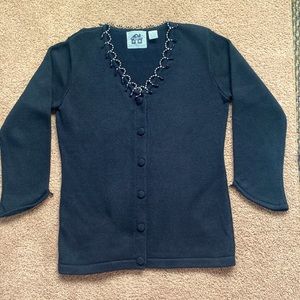 Storybook Knits Cardigan Sweater All Black Embellished V-Neckline Size Small